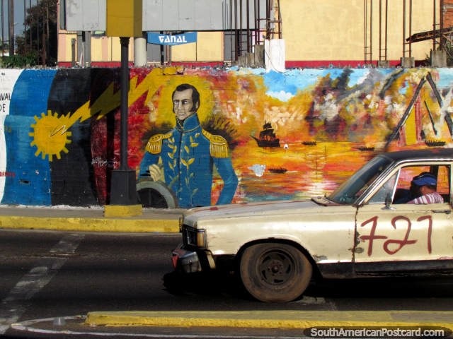 Simon Bolivar al lado de barcos y el mar, pintura mural en Maracaibo. (640x480px). Venezuela, Sudamerica.